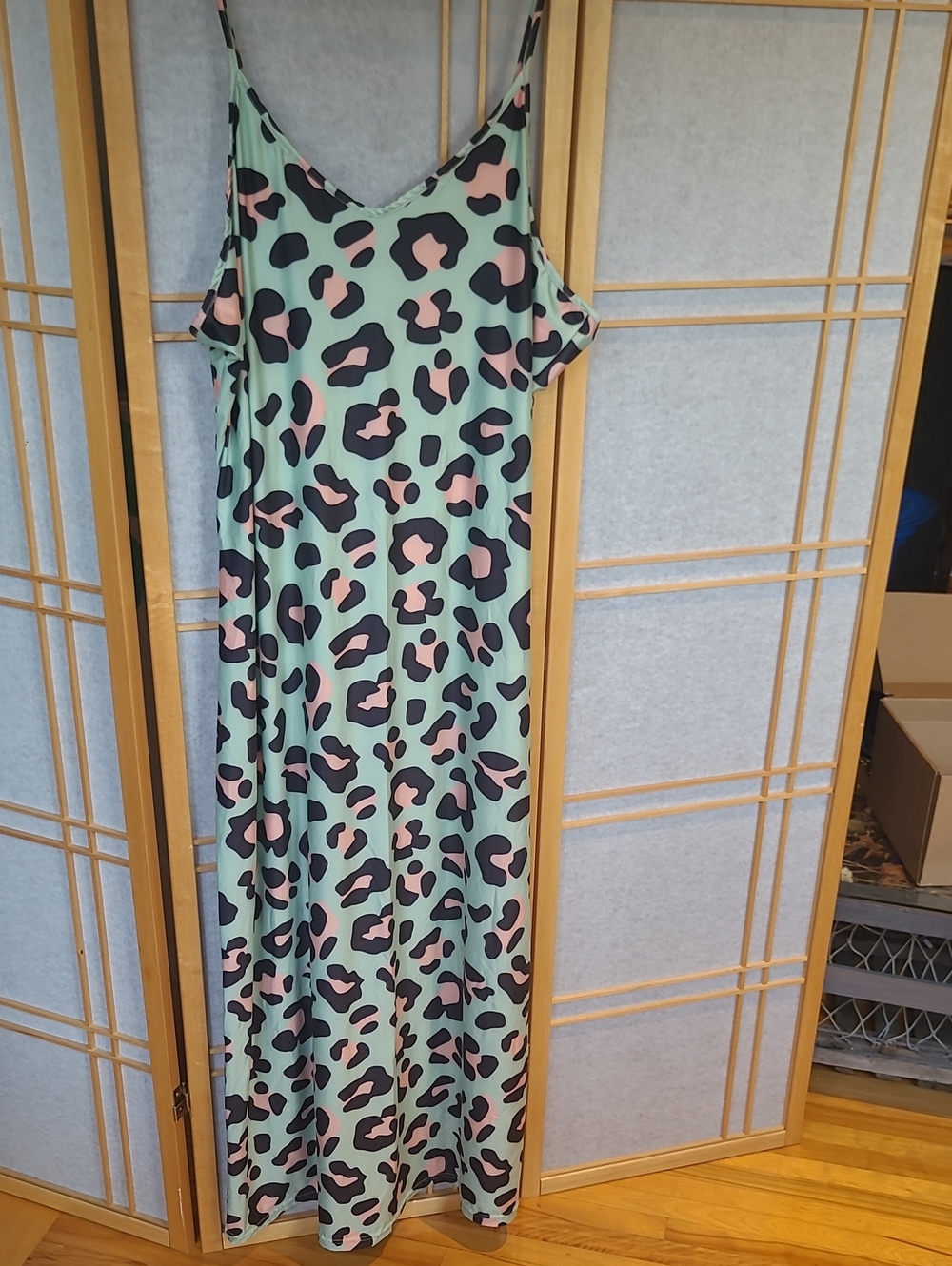 Mint Green Leopard-Print Maxi Slip Dress with Spaghetti Straps